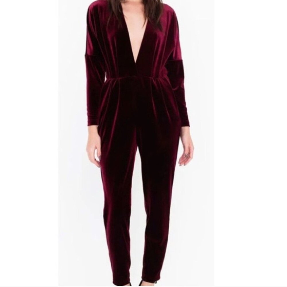 American Apparel Women's Small Jumpsuit Burgundy Velvet Deep V Plunging Neckline